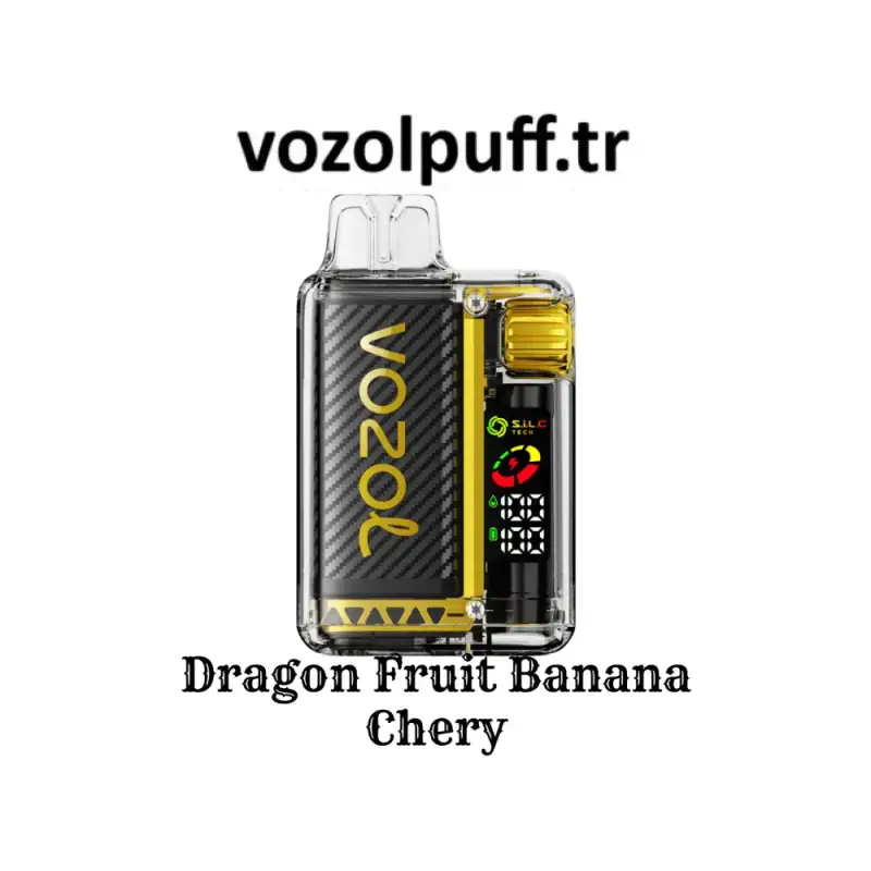 Şeffaf, siyah ve altın renkli Vazol Vista 20000 vape cihazı, Dragon Fruit Banana Cherry