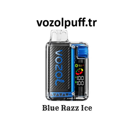 Mavi vurguları olan şeffaf vape cihazı Blue Razz Ice - Vista 20000 Vazol için