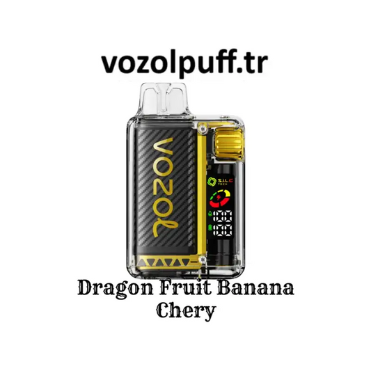 Şeffaf, siyah ve altın renkli Vazol Vista 20000 vape cihazı, Dragon Fruit Banana Cherry