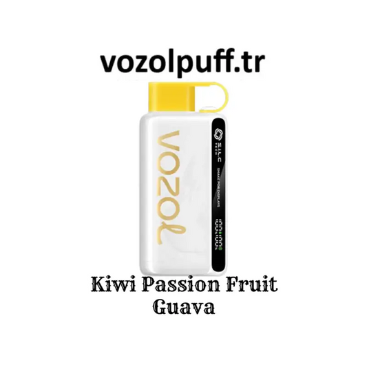 Beyaz vape cihazı sarı kapakla Kiwi PassionFruit Guava - Star 12000 Vazol gösteriyor
