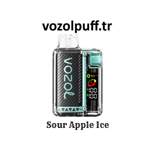Şeffaf kasalı dijital ekranlı Vozol Sour Apple Ice 20000 puff aroması